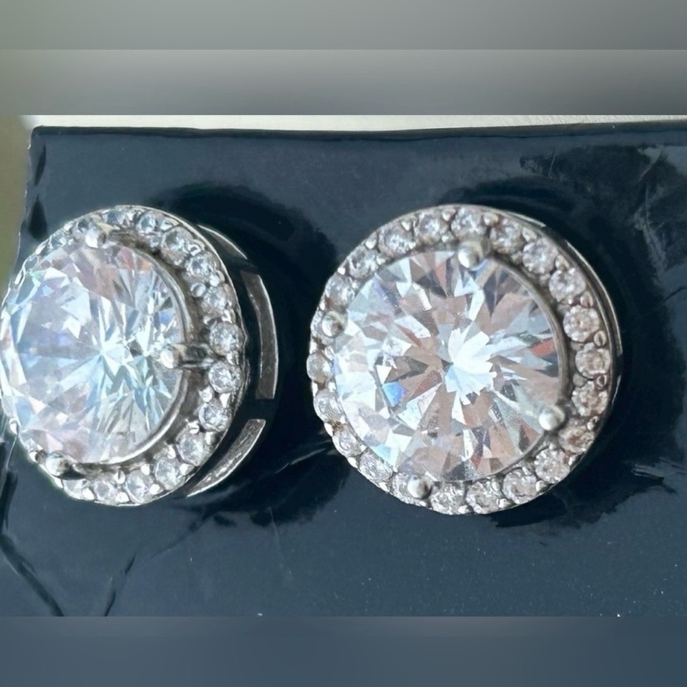Round Crystal Halo CZ Faux Diamond Silver Earrings Affordable Luxury Earrings - Picture 4 of 11